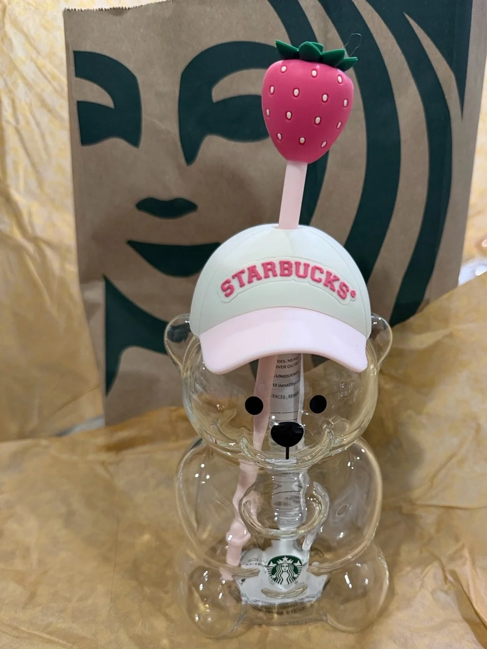 Starbucks BEAR CUP Bottle with Pink & Green Strawberry Straw